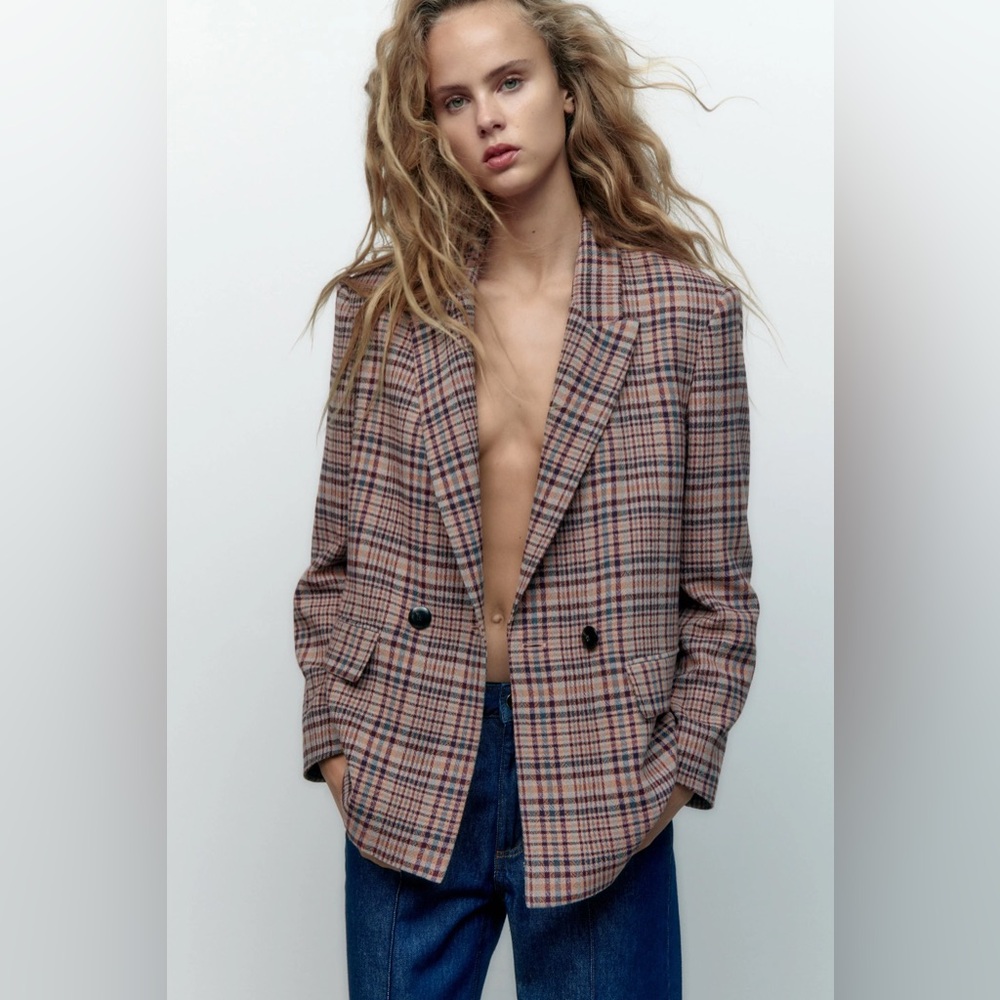 Zara Multicolor Oversized Plaid Wool Blend Blazer Size Small